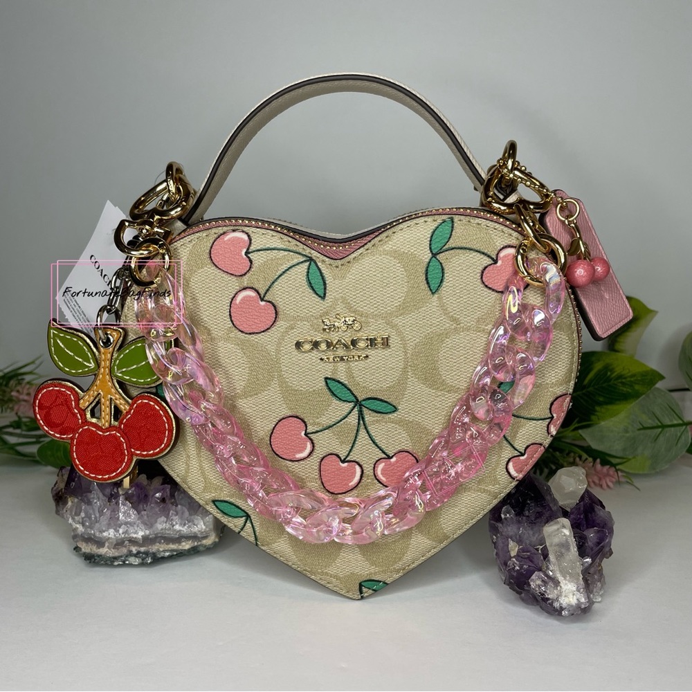 Coach Set Heart Cherry Print Heart Crossbody Triple Jacquard Cherry Charm Chain - Picture 13 of 15